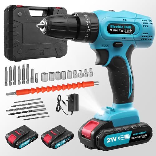 wowspeed Cordless Drill 21V, Battery Power Drill Drivers, 29PCS Electric Screwdriver Set, 2000mAh Combi Drills, 50Nm, 25+3Torque, LED Light, 2 Speed, 3/8” inch Chuck