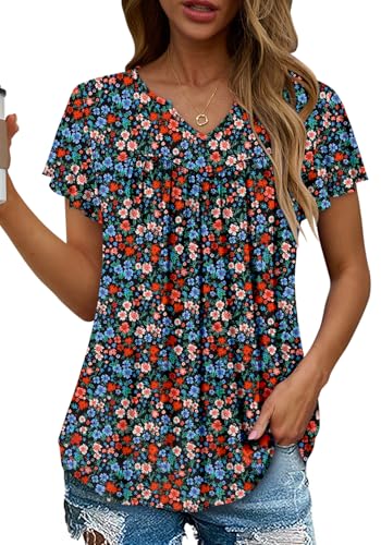 KISSMODA Tops for Womens Summer Cute Short Sleeve Shirts Trendy Notched Neck Blouses Casual Loose Pleated Tunics S-3Xl