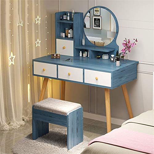 1つの鏡とスツールが付いた大きな化粧テーブルライティングデスク、3つの引き出しが付いた化粧テーブル2つの保管棚、女性、女の子、寝室、バスルーム用の化粧台ドレッサーデスク(青と白)