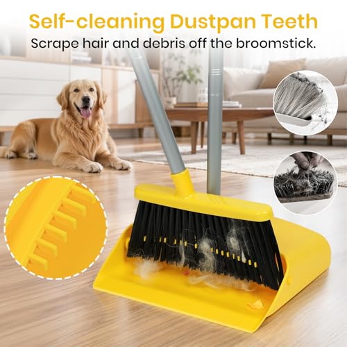 Image of Stand Up Dustpan and Broom Set 50 inch Long Handle Broom with Dust Pan, with Self Cleaning Combe for Ergonomic Home Office Classroom Indoor Sweeping