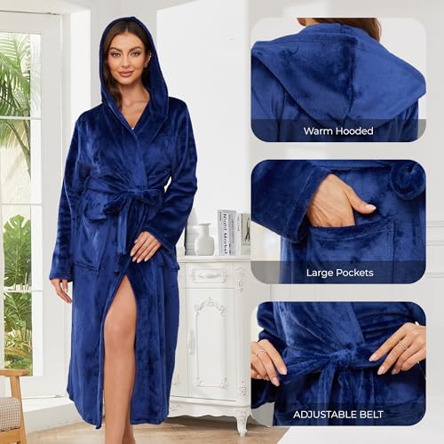 Image of Womens Long Hooded Fleece Robe, Soft Warm Spa Bathrobe for Cozy Lightweight Loungewear