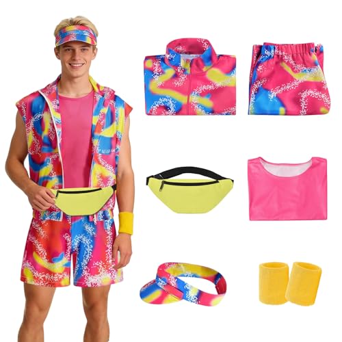 80er Jahre Outfit Kompatibel mit Ken Kostüm Herren , Herren 90er Jahre Workout Kostüm, bad taste outfit herren Accessoires Set mit Bauchtasche Sonnenblenden Hut Handgelenkbänder für Karneval Cosplay