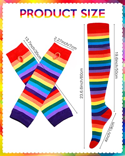 Chuarry 8 Pairs Women's Rainbow Thigh High Socks Fingerless Arm Warmer Set Long Striped High Socks Leg Warmers for Pride Fest(Mixed Color,Classic Style)2