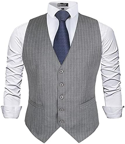 Alizeal Mens Pinstripe Business Suit Vest Formal Dress Tuxedo Waistcoat, Gray Striped-L