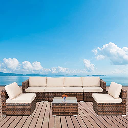 Outdoor Patio Furniture Sets 7 Piece Rattan Conversation Sectional Set Brown Manual Wicker Sofa Set with Coffee Table and Seat Cushions
