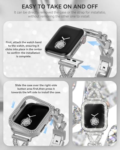 Image of Rhinestones Encrusted Metal Bracelet and Case, Compatible with Apple Watch Bands 38mm-49mm (Series 11 /1 /SE /Ultra 2)- Bling Gold Women's Jewelry Strap, Luxury iWatch Bracelet with Screen Protector