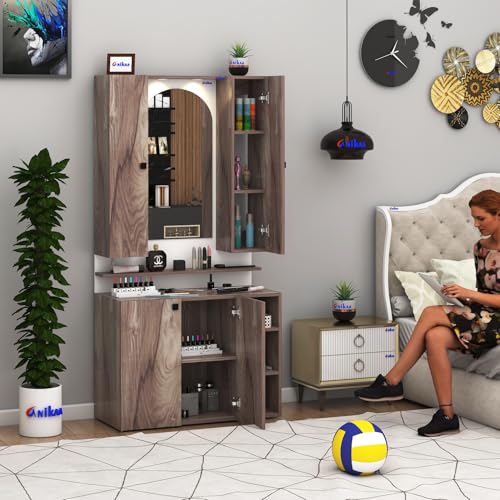 Image of Anikaa Opulex Engineered Wood Dressing Table with Mirror Cabinet, LED Lights, Storage Shelves & Back Panel - Wall Mounted Makeup Vanity & Organizer for Bedroom -(Coachwood /White) DIY Installation