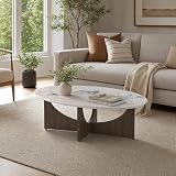 Honyee Oval Coffee Table 47", White Marble-Look Center Table with Wood Base