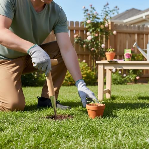 Herramienta de jardinería dibber con mango en T de madera miniatura 2