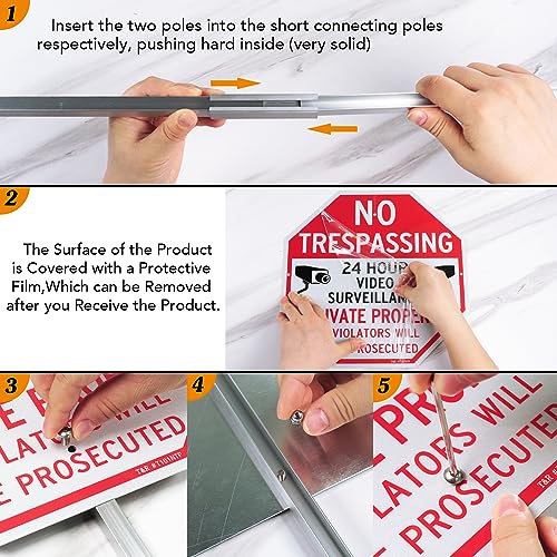 Image of T&R Large No Trespassing Private Property Sign Video Surveillance Sign with 36 inch Stake for Outside - 4 Pack - 12 inchx12 inch .040 Rust Free Heavy Aluminum, Reflective, Waterproof, Weatherproof, 4 pre-drilled holes,Includes Matching Screws & Wrench, Easy to Mount
