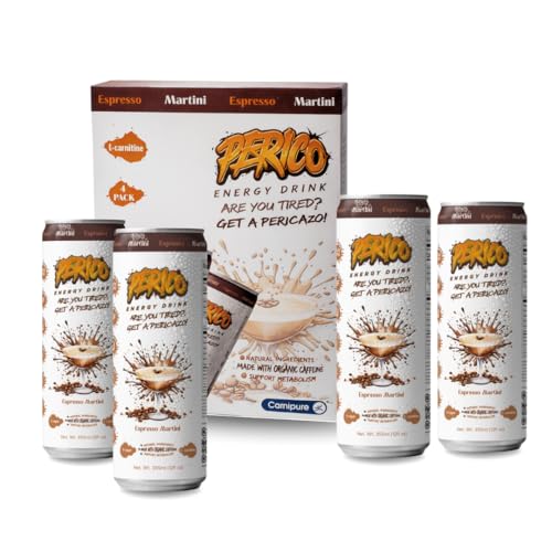 Perico Energy Drink, Expresso Martini Flavor, Natural Energy Beverage, Can, Sparkling, Sugar-Free, 4 Pack, With Essential Amino Acids,Carnipure® L-carnitine,Biotin, 200mg Organic Caffeine
