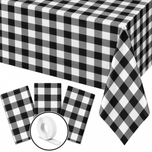 Image of Blue Orchards Black Gingham Table Cover (Pack of 3 with 20 Glue dots) - 54 inchx108 inch XL - Black and White Buffalo Checkered Picnic Plastic Tablecloth, Camping Decoration, Outdoor Birthday Party Supplies