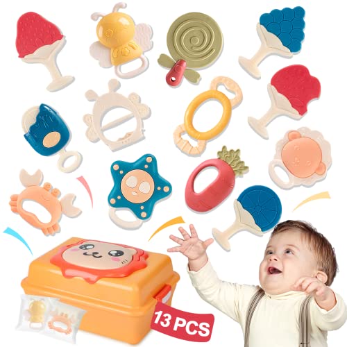 Image of Baby Rattle Teething Toys, Infant,Newborn Teether Gift Set 13 Pcs w Storage Box for 0-3-6-9-12 Months Boy Girl Essential,Montessori Development Sensory Soft Silicone Chew Grab Shaker,Baby Pool Pad Toy
