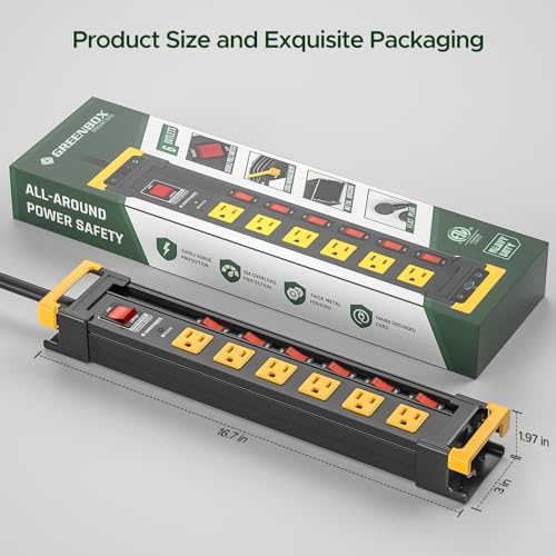 Green Box Innovations 3300J Heavy Duty Surge Protector Power Strip With Individual Switches,6 Outlet Metal Mountable Power Strip With 6Ft Cord Management thumb #5