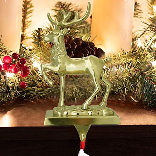 NaTursou Christmas Reindeer Stocking Hanger Metal Elk Mantel Stockings Holders for Fireplace Holiday Christmas Decorations (Gold)