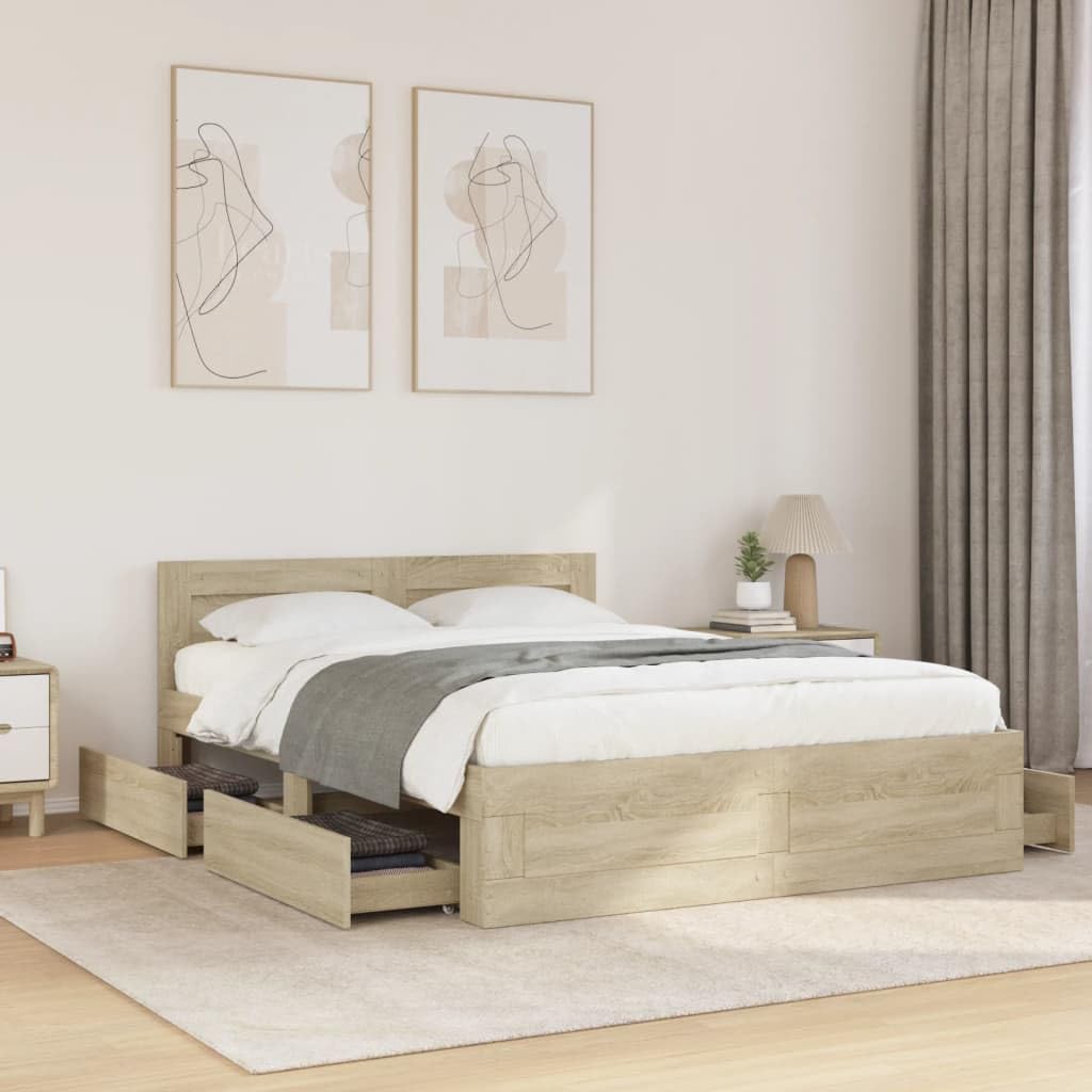 vidaXL Bed Frame with Headboard - Modern Sonoma Oak Engineered Wood Double Bed 135x190 cm - Slatted Base & Storage Drawers