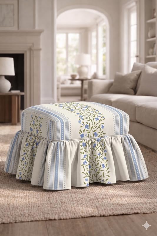 Skirted Pouffe Cover 16x24x18 Inch Blue Blossam, Tailored Pleated Slipcover with Frill, Rectangular Footstool Pouf Cover for Living Room Decor, Machine Washable, THROWPILLOW