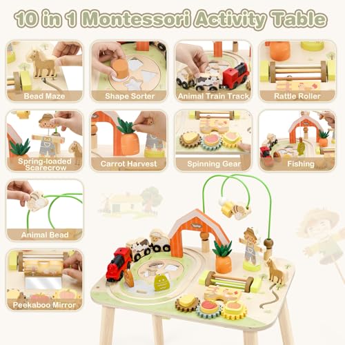 Image of Vanplay Activity Table for 1 2 Year Old Boy Girl Birthday Gifts | 10 in 1 Farm-Themed, Upgraded Large Size, Learning Activities with Fishing /Shape Sorte / Animal Train Track for Toddler 1-3