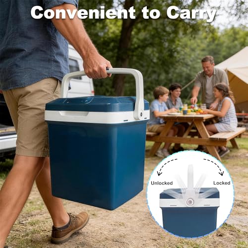 Image of Electric Cooler, 26 Liter Mini Fridge with Automatic Locking Handle (Blue) | Large Capacity Car Refrigerator, Dual Use Portable Car Fridge for Travel, Outdoor, Camping, Gift