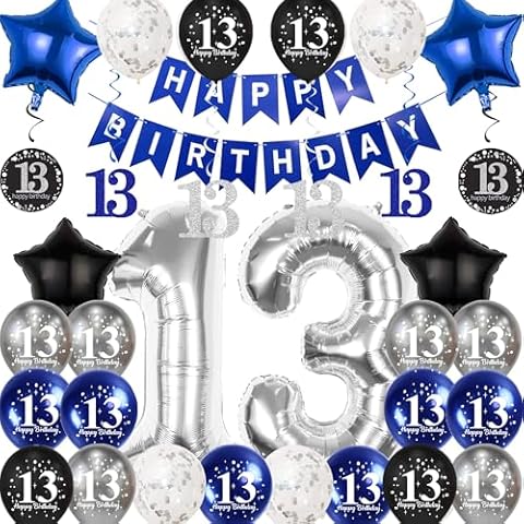 Pargleev 13th Birthday Decorations for Boys Girls, 13th Birthday Balloons with Swirl Decorations Happy Birthday Banner and Star Foil Balloons Confetii Latex Balloons for Party Decorations Silver Cover