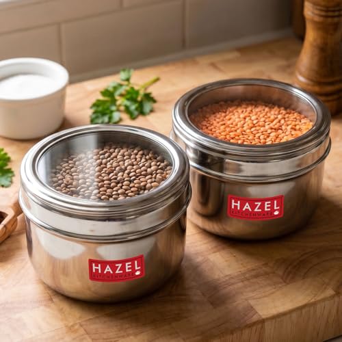 Image of HAZEL Steel Storage Containers with Clear View Lid, 1100ml (Pack of 2) | Kitchen Dabbas for Snacks, Dry Food & Leftovers