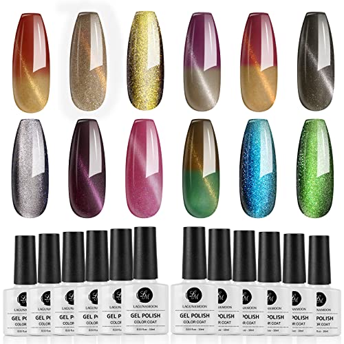 Lagunamoon Juego de esmalte de uñas de gel de 12 colores del zodiaco, Cambio de color Ojo de gato Brillantina esmalte de gel remojo para, kit de uñas de gel fácil de usar para manicura de bricolaje Cover