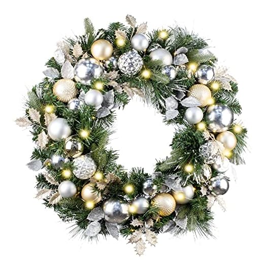 WANNA-CUL Pre-Lit 30 Inch Large Christmas Wreath for Front Door with 50 Led Lights,Champagne Gold Lighted Christmas Door Wreath Decor with Ball Ornaments, Battery Operated