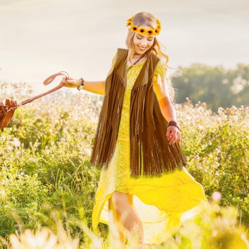 Boyigog Ropa hippie, chaleco sin mangas de los años 60 y 70, para mujer, con flecos, sin mangas, disfraz hippie con gafas de sol, pegatinas de tatuaje, cinta para la cabeza, collar para niñas,