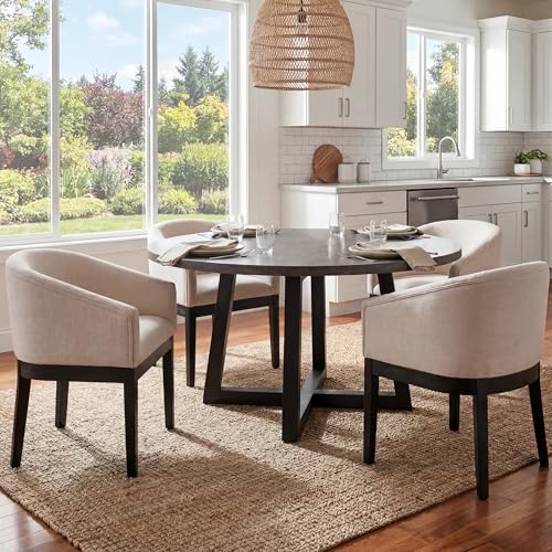 RIVOVA Beige Dining Chairs Set of 4 Mid-Century Modern Dining Chair Linen Upholstered Kitchen Dining Room Chairs, Curved Backrest Dining Chairs with Black Wood Legs