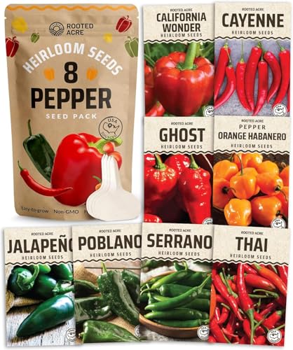 Rooted Acre 8 Varieties Hot Peppers &ndash; 240 Heirloom Seeds, High Germination &ndash; Includes Ghost...