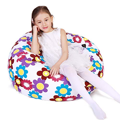 Lukeight Stuffed Animal Storage Bean Bag Chair for Kids, Zipper Storage Bean Bag for Organizing Stuffed Animals, Flower Bean Bag Chair Cover, (No Beans) X-Large
