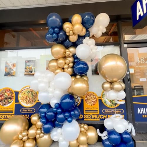 Image of 412Pcs Navy Blue and Gold Balloons Arch Garland Kit,5 10 12 18 inch gold and blue balloons for Birthday, Wedding, Graduation, Anniversary Decorations