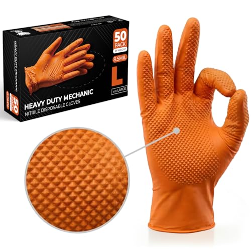 The Real Touch Nitrile Gloves 50 Count Heavy-Duty Disposable Mechanic Gloves Diamond Textured Latex & Powder-Free Non-Slip Extra Thick Ideal for Automotive Industrial Tasks (Orange - 50 L)