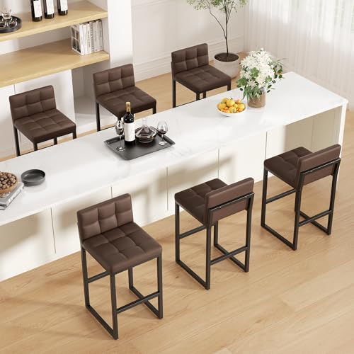 Image of Bar Stools Set of 6, Modern Counter Height Bar Stools with Back,24 inch Brown