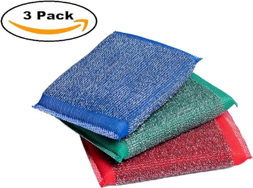 Image of 3Pcs Muticolor Iron Scouring Pads - Incredibly Tough, Heavy Duty and Long-Lasting Scrubbing Sponges. for Pots, BBQ Grills, Microwaves and Stovetops Household Cleaning Sponges (Blue, Green, Red)