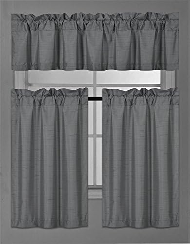 Elegant Home Collection 3 Piece Solid Color Faux Silk Blackout Kitchen Window Curtain Set with Tiers and Valance Solid Color Lined Thermal Blackout Drape Window Treatment Set #K3(Charcoal/Dark Grey)