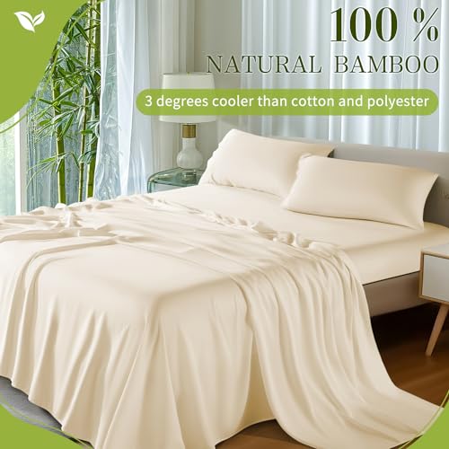 Shilucheng 100% Viscose Derived from Bamboo_ Sheets Cal King Size 4pcs - Ultra Cooling & Silky Soft Bed Sheets, 16" Deep Pocket, Perfect for Hot Sleepers, Hotel Bedding Sheets (Beige)