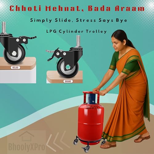 Image of Gas Cylinder Trolley with Wheels - Black | Heavy Duty Steel LPG Cylinder Stand | 360 Smooth Rolling Caster Wheels | Rust Resistant Cylinder Holder for Kitchen & Home