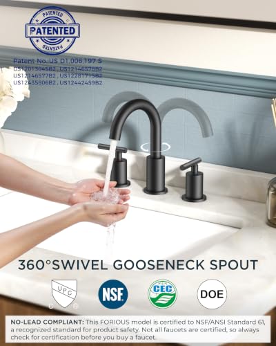 Image of FORIOUS 2 Pack Black Bathroom Faucet 3 Hole, 8 inch Widespread Matte Black Bathroom Sink Faucet with 360Swivel Spout, Suitable for 6-12 Inch Vanity Sink, with Metal Pop-up Drain and Supply Line