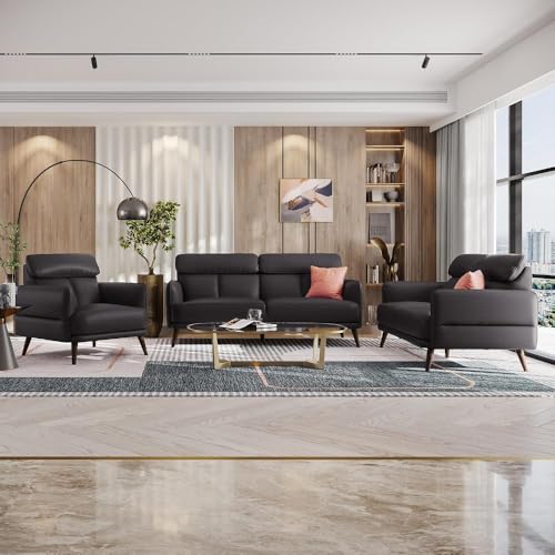 Image of Wakefit Sofa Set | 5 Year Warranty | Sofa 6 Seater, 6 Seater Sofa for Living Room, Wooden Sofa Set, Sofa Set 3+2+1 Seater - Azores(Robin : Black)
