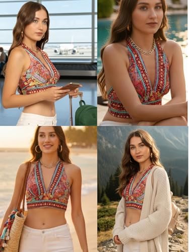 Image of KE KANHA EXPORTS Halter Top|Backless Tops|Halter Neck Top for Women|Beach Tops for Women|Boho Beach Border Print V Neck|Multicolor|Easily fits S-M-L|Bust 30-36 in Length 18 in