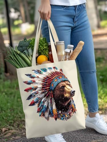 Canvas Tote Bag, Chic Bears with Feathers Aesthetic Canvas Tote Handbags for Women Shoulder Bag,4