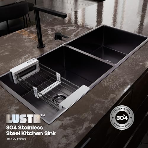 Image of Lorazzo Lustr Stainless Steel Sink for Kitchen 45x20 IN - Gun Metal Black | Double Bowl Kitchen Sink | Premium SS 304 Kitchen Sink with Waste Coupling, Basket & Pipe | 20-Year Warranty