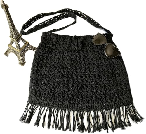 Bolsa em Crochê Transversal com Franjas (Preto)