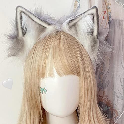 VIGVAN KYC Animal Ears Kawaii Plush Cat Ears Hair Clip Headdress Halloween Cosplay (Grey White Hairband) — view 2