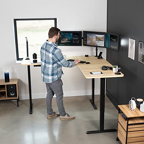Image of VIVO Electric Height Adjustable 71 x 71 inch Curved Corner Stand Up Desk, Light Wood Table Top, Black Frame, Memory Controller, L-Shaped Workstation, E3C Series, DESK-KIT-E3CBC