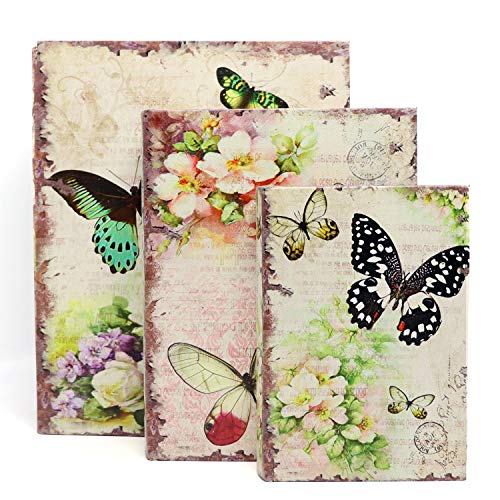 Jolitac Decorative Book Boxes World Map Pattern Antique Book Invisible Box With Magnetic Cover, Faux Wood Set Of 3 Storage Set (Butterfly) #TOP1