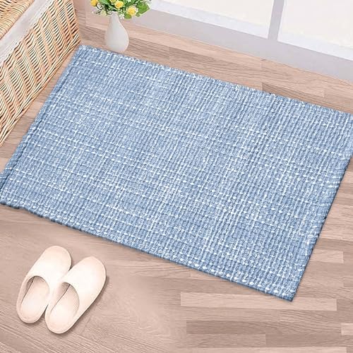 Chardin home Blue & White Cotton Throw Rug, 21x34 Inches Area Rug for Bathroom Kitchen entryway, Reversible Handwoven Rug Machine Washable.