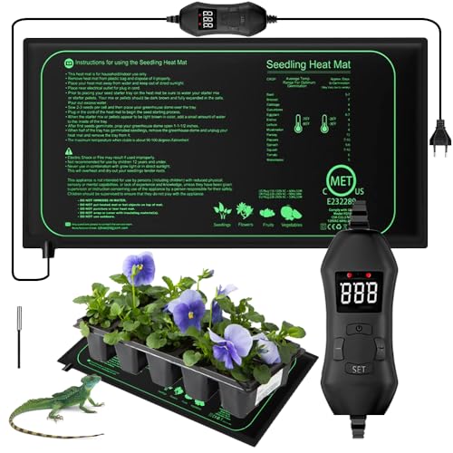 Afenau Heizmatte Pflanzen, 25x52 cm Heizmatte mit Thermostat, 68°F-86°F Kontrolle Pflanzen Heizmatte, 50W Wärmematte Pflanzen, Wasserdicht Seedling Heat Mat für Sämlinge, Haustiere und Reptilien