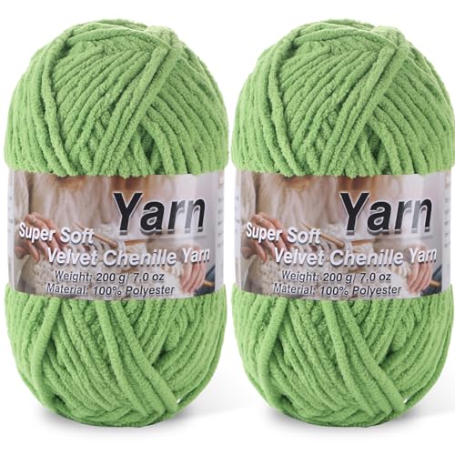 Image of 2 * 200g /7oz Chunky Chenille Yarn for Baby Blanket Yarn for Crocheting - Super Soft Chenille Plush Yarn - Bulk Thick Yarns Used for Making Scarves, Blankets, DIY Craft (Grass Green)